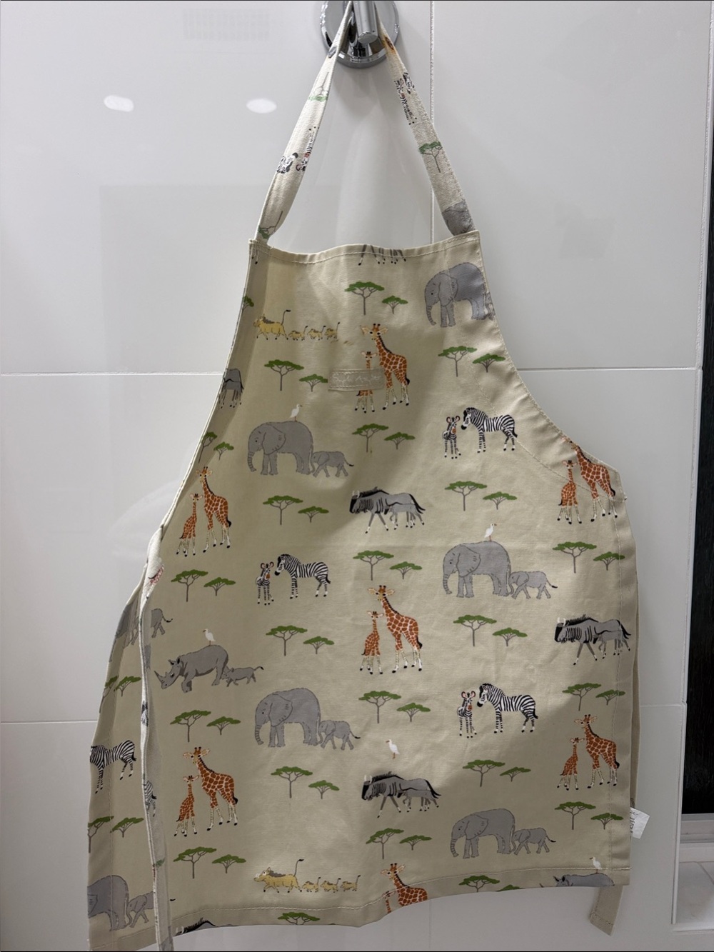 Safari Animal Print Apron in Beige with Giraffes, Elephants & Zebras